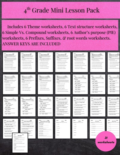 4th Grade ELA Worksheets | Reading & Grammar Mini-lessons - Etsy