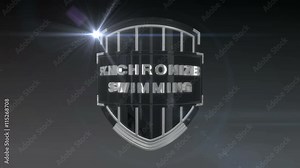 Seamless looping 3D animation of the word Synchronized Swimming on a shield – chrome version; including alpha matte