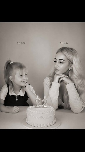 This is so cute 🥺 Put in chat gpt : On the left: a childhood version of me looking to the right with an innocent smile, with the year (year of the photo) written above. On the right: a current version of me (from a recent photo) sitting with hands under the chin, looking at the child with a serene smile, with the year 2026 written above. In the center: a table with a simple and elegant birthday cake with the number ( you age ) on top. Background: smooth and plain studio backdrop. Lighting: soft