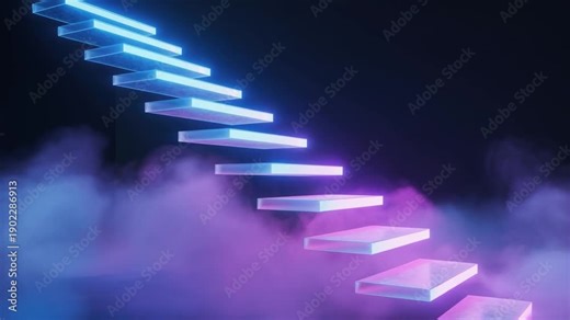 Neon staircase through fog and glow, floating blue purple steps, futuristic abstract surreal path in smoky dark studio
