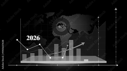 Futuristic 2026 business growth chart animation, line graph and world map background showing growth projection for 2026