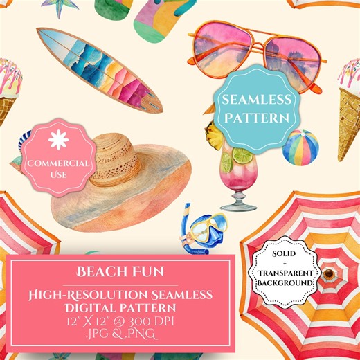 Beach Fun Seamless Pattern, Summer Beach Pattern, Tropical Vacation Digital Paper (solid & Transparent Background) - Etsy