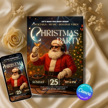 DJ Santa Christmas Party Invitation | Editable Holiday Invite Template