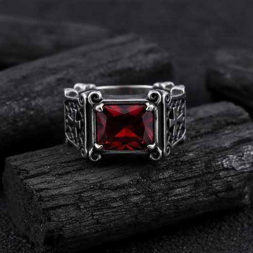 Vintage Stainless Steel Ring for Men With Red Blue or Black Cubic Zircon | Gothic Statement Wedding Band | Comfort Fit - Etsy