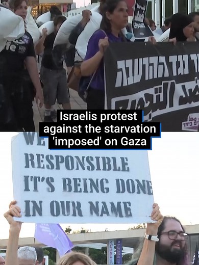 Protesters in Tel Aviv took to the streets on Tuesday calling for the end of the war on Gaza and the hunger, many carrying flour bags and pictures of severely malnourished children in Gaza. 'We know that a lot of Palestinians right now are experiencing starvation and famine due to the policy of the Israeli government not to allow any humanitarian aid to enter to the Gaza Strip,' protestor Shahd Bishara said. At least 101 people are known to have died of hunger during the conflict, including 80 c