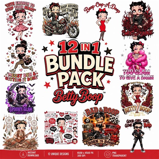 Betty Boop Bundle PNG 12 Designs | Retro Cartoon PNG Pack | Sublimation Designs | Vintage Glam Goth Biker Boop | Instant Download Clipart - Etsy