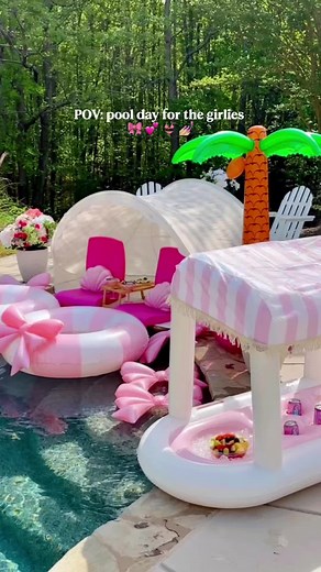 Pool day setup for the girlies 🎀💕👙 💅🏼! Of course, you’re invited too 🏝️. #pool #poolday #poolside #girlsday #summer2026 summer fun, pool deck, backyard ideas, backyard, pool set up, summer vibes