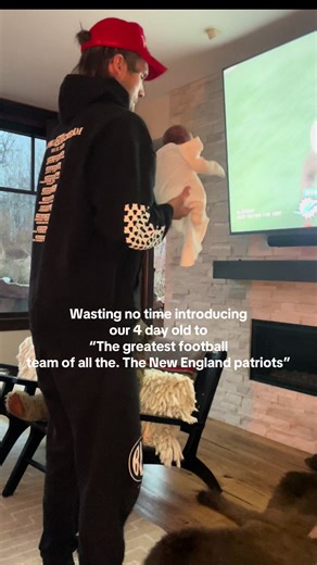 First things first. My husband wasting no time introducing our 4 day old daughter to (in his words) “the greatest football team of all time and the 2026 superbowl champions- The New England Patriots. @New England Patriots