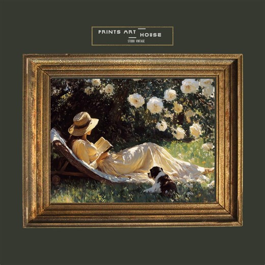 Vintage Woman Reading in Garden Art Print: Cottagecore Dog & Roses (digital Download) - Etsy