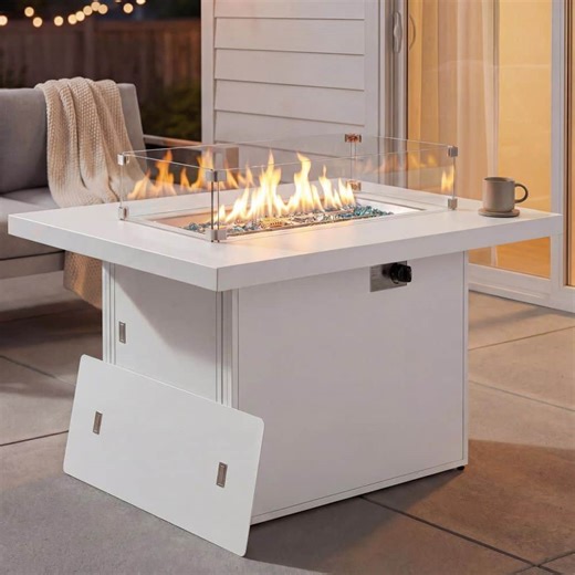 Check The Home Depot's Q&A Before Buying: 43 in. Rectangular Aluminum Outdoor Gas Fire Pit Table, 60,000 BTU, Propane/Natural Gas, White