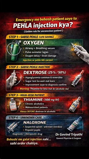 Dr.Govind Tripathi on Instagram: "Aksar panic me galat drug de di jaati hai, jabki sahi ORDER hi jaan bachata hai 👇 👉 Oxygen – airway & brain ke liye 👉 Dextrose – hypoglycemia rule out 👉 Thiamine – alcoholic / malnourished patient 👉 Naloxone – unknown overdose ⚠️ Yaad rakho: Report baad me, life pehle. Behoshi me galat injection nahi… sahi order chahiye. 📌 Is post ko SAVE & SHARE karo — kabhi bhi emergency me kaam aa sakta hai. Dr Govind Tripathi General Physician & Surgeon #indianmedicala