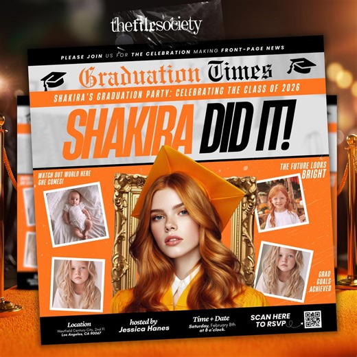 Editable Graduation Invitation, Orange Newspaper Gold Class of 2026 Senior Photo Collage, Canva Digital Grad Save the Date, DIY Party Flyer - Etsy