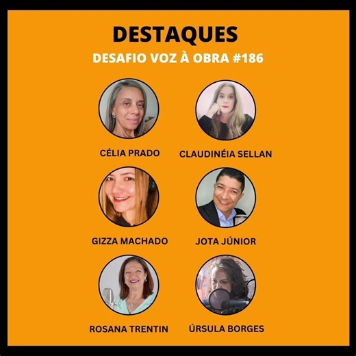 Nicola Lauletta - Diretor Locução Natural on Instagram: "Destaques do Desafio Voz À Obra #186 @celiareginapradopereira57 @claudineiaaparecidasellan @gizzamachado @jotajuniorvoz @rosana_trentincelebrante @ursularborges Se você vive de locução ou deseja viver, você também pode participar! É grátis! Para participar do desafio: 1.⁠ ⁠Inscreva-se para receber o texto todo mês no seu email: https://vozaobra.com/#desafio​​​​​​​​​​ 2.⁠ ⁠Grave a sua locução e publique no Soundcloud 3.⁠ ⁠Poste o link com s