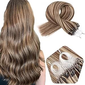 Micro Ring Hair Extensions Human Hair 1g/Strand Micro Link Hair Extensions Real Human Hair 50g Microloop Extensions 16 Inch, 4/613 Medium Brown Mix with Blond