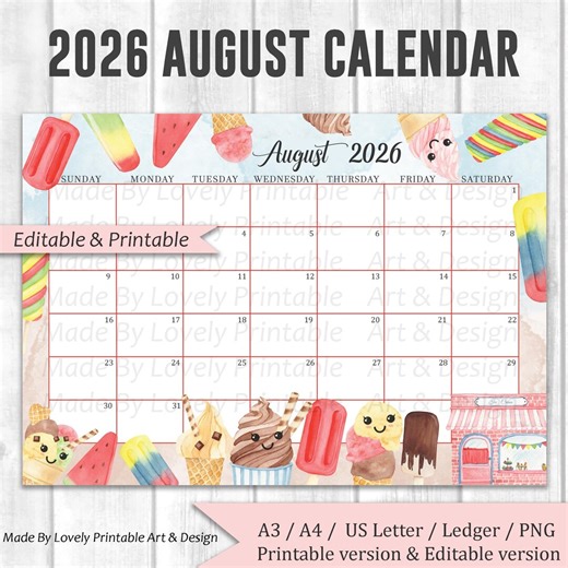 EDITABLE August 2026 Calendar, Hello Summer With Ice Cream Shop Popsicle, Printable Fillable Classroom Calendar Planner Kids School Schedule - Etsy