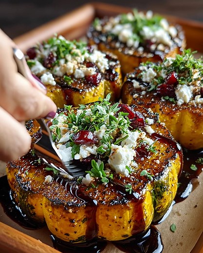 Honey-Glazed Acorn Squash with Feta Cheese and Cranberry Drizzle Ingredients: 1 medium acorn squash (about 2 lb / 900 g), sliced into ½-inch (1.25 cm) rings, seeds removed 2 tbsp (30 ml) olive oil 2 tbsp (30 ml) honey ½ tsp (2 g) cinnamon Salt & pepper, to taste ¼ cup (35 g) crumbled feta cheese 2 tbsp (20 g) dried cranberries 1 tbsp (15 ml) balsamic glaze or cranberry reduction Fresh thyme or parsley, for garnish Directions: Preheat oven to 400°F (200°C). Line a baking sheet with parchment pape
