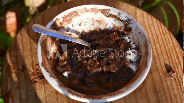 A bean stew bowl. POV: person eating a plate of feijoada (cooked bean stew). Person eating baked beans in the sun. Someone eating feijoada (boiled beans) with a spoon. Plate of beans, top view.