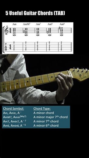 Learn Useful Chords: Am, AmM7, Am7, Am6, in the Open Position | Guitar TAB & Chord Diagrams #shorts