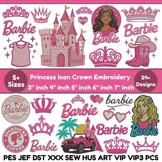 Pink Princess Machine Embroidery Designs Barbie Icon Embroidery Princess Crown Design Doll Face Trendy Embroidery 5+sizes Digital Download - Etsy