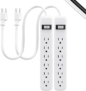 GE 6-Outlet Power Strip, 2 Pack, 1.5 Ft Extension Cord, Heavy Duty Plug, Grounded, Integrated Circuit Breaker, 3-Prong, Wall Mount, ETL Listed, White, 14833