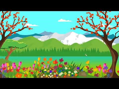 Green field flower garden mountains | cartoon background animation | butterflies