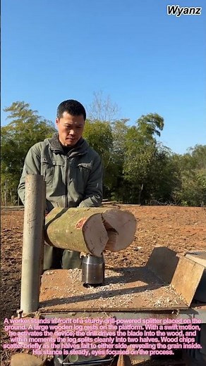 construction work in action log splitting with drill powered splitter