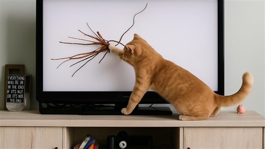 Kat probeert spin op tv te vangen