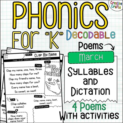 March Phonics Decodable Poems for K: Syllables and Dictation, SoR aligned