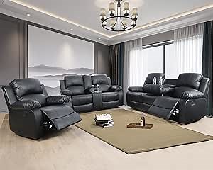 Manual Recliner Sofa Set, Bonded Leather Living Room Furniture Set, Reclining Leather Couches with Cup Holders/Storage Console/Flip Middle Backrest (Sofa+Loveseat+Chair, Black)
