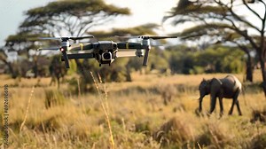 AI-powered drone with camera monitoring wildlife in a protected area. The technology helps track animal movements, detect poaching activities, and preserve biodiversity