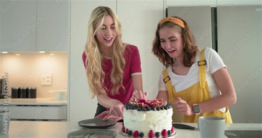 Female friends steadying cake then slicing using knife and server onto plates at kitchen island