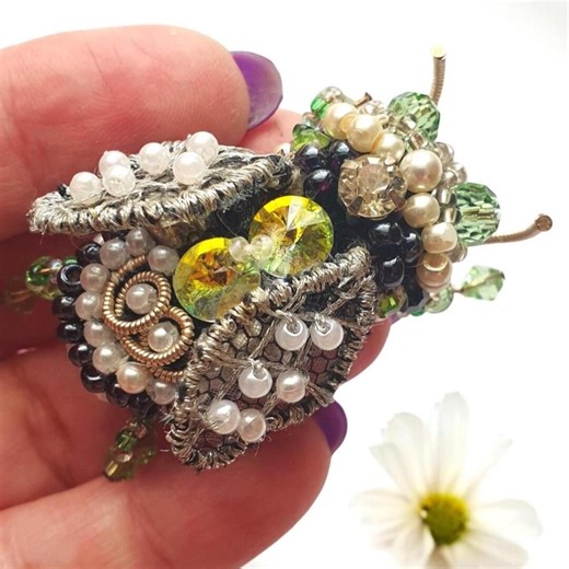 Beaded Insect Brooch Embroidered Bug Pin With White Pearls & Green Swarovski Crystals - Etsy