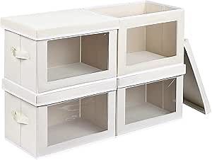 Homsorout Storage Bins with Lids, 4 Pack Large Storage Cubes with Window, Closet Bins with Lids & Handles, Fabric Box for Organizing Clothes, Towels, Books, Beige