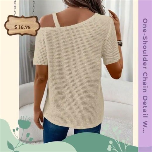 One-Shoulder Chain Detail Waffle Knit T-Shirt
