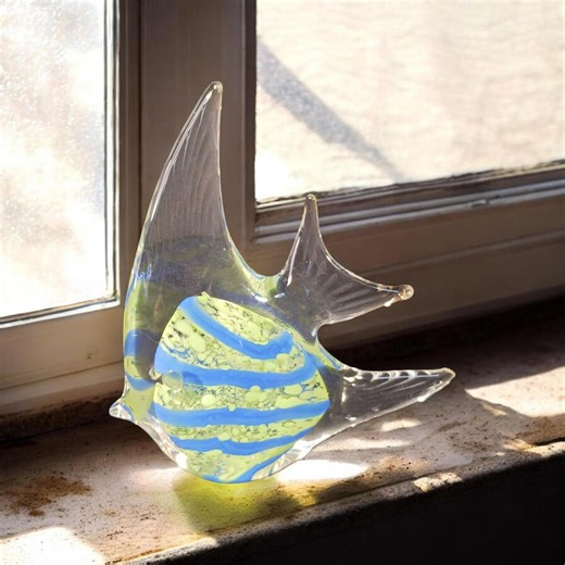 Hand Blown Glass Blue and Green Striped Angelfish Figurine Paperweight- Ocean Coastal Decor - Etsy