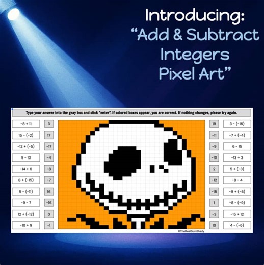 Integer Addition & Subtraction | Halloween Christmas Math Pixel Art
