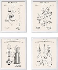 Poster Master 4-Piece Barber's Chair Blueprint Poster - Shaving Brush Patent Print - Barber Art - Scissors Illustration - Mustache Design - Technical Drawing - Barber Shop Decor - 8x10 White Framed
