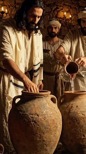 Jesus performing miracle changing Water into wine