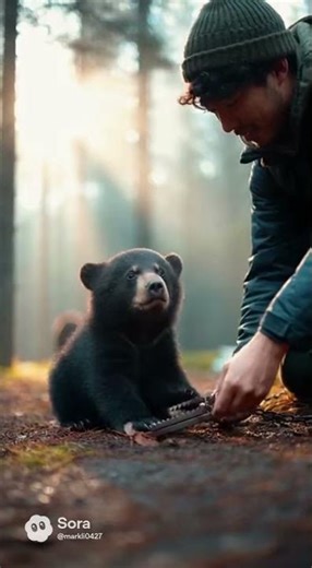 He found a cub in pain,freed the paw and watched it run back to its mom! #animals #rescue #bear