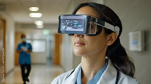 Doctor using innovative augmented reality headset in a hospital setting to enhance patient care during a routine check-up