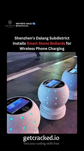 Infynite Vault on Instagram: "In Shenzhen's Longhua District, fifteen multifunctional "smart stone bollards" have recently been set up near the Hold Land Shopping Mall in Dalang Subdistrict. These bollards combine traditional safety features with modern amenities: each includes a 30-centimeter display screen, an embedded wireless charging pad that supports Qi-compatible phones, ambient lighting, and public-service video content at night. The bollards are built to withstand harsh environmental co