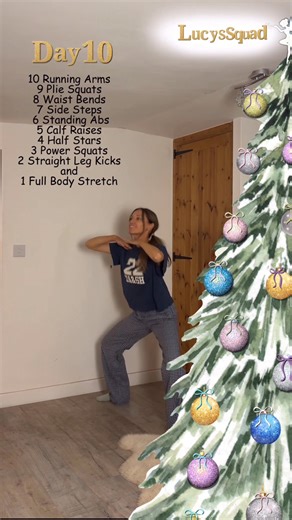 Festive "Exercise Snack" Routine you can do now at home in your PJs "On the tenth day of Fitmas, Lucy’s Squad gave to me… 10 running arms, 9 plié squats, 8 waist bends, 7 side steps, 6 standing ab crunches, 5 calf raaaaises! 4 half stars, 3 power squats, 2 straight leg kicks, And 1 full body stretch🎶 This is a great full body exercise routine that ticks every box of your health ❤️ and as I always say our Health is the best gift of all So always find the time to move your body daily. Lucy ❤️ #ho