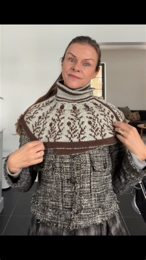 Knitting Partner on Instagram: "A first look at the cape in motion. Double knitted with two finished fronts, in brown and cream, with a reed-like pattern, that turned out exactly as I imagined. It still needs blocking, plus trims and buttons—but it’s so close now. Of course I will also have to make a pattern. More to come 🤎🤍 #knittersofinstagram #knitting #doubleknitting"
