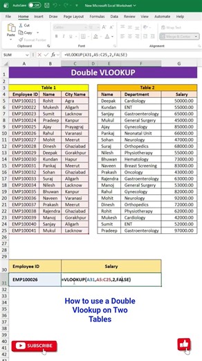 How to use a Double Vlookup on Two Tables. #vlookup #excel #viral #shorts