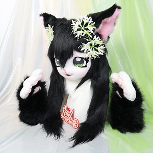 Kigurumi Black Cat Fursuit Head With Green Cartoon Eyes Faux Fox Fur Floral Hair Accessories Matching Black Paw Gloves Cosplay Costume Set - Etsy