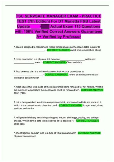 TSC SERVSAFE MANAGER EXAM PRACTICE TEST 7th Edition For DT Marietta FB Latest Update Actual Exam 1