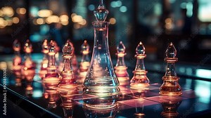 Close-up of a glass chess set on a shiny table with a blurred background. The pieces are illuminated from within, creating a warm glow. The camera pans across the pieces.