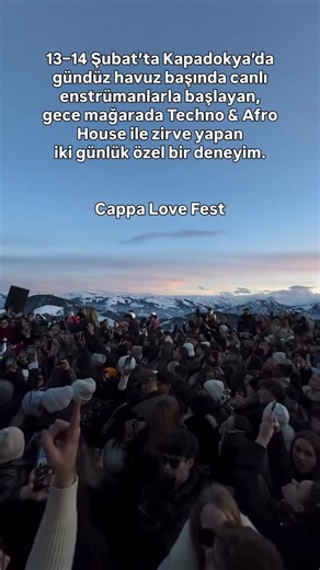 Kapadokya Etkinlik on Instagram: "Geçen yıl burada olanlar hâlâ unutamadı… Bu yıl daha cesuruz, daha romantik, daha ritmik. 13–14 Şubat’ta Kapadokya’da gündüz havuz başında canlı enstrümanlarla başlayan, gece mağarada Techno & Afro House ile zirve yapan iki günlük özel bir deneyim. Sıcak şaraplar, özel mutfak tatları, seçkin DJ performansları ve Sevgililer Günü’ne yakışır bir atmosfer. Aşk mum ışığında olur diyenler… Biz bass ışığında da çok iyi oluyoruz 🎶🔥 🎟 Biletler satışta 📍 CCR Hotel – U