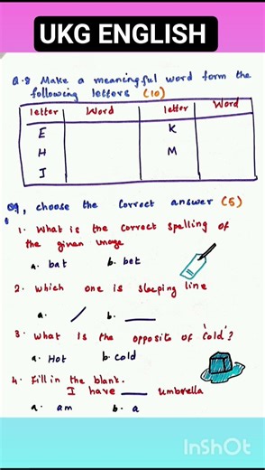 UKG ENGLISH Model Question Paper for Term 2 Exam #ukg #ukgenglish #examrevision #shortsviral