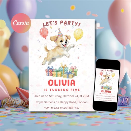 Puppy Birthday Invitation, Dog Party Invite, Editable Double Sided Canva Template - Etsy